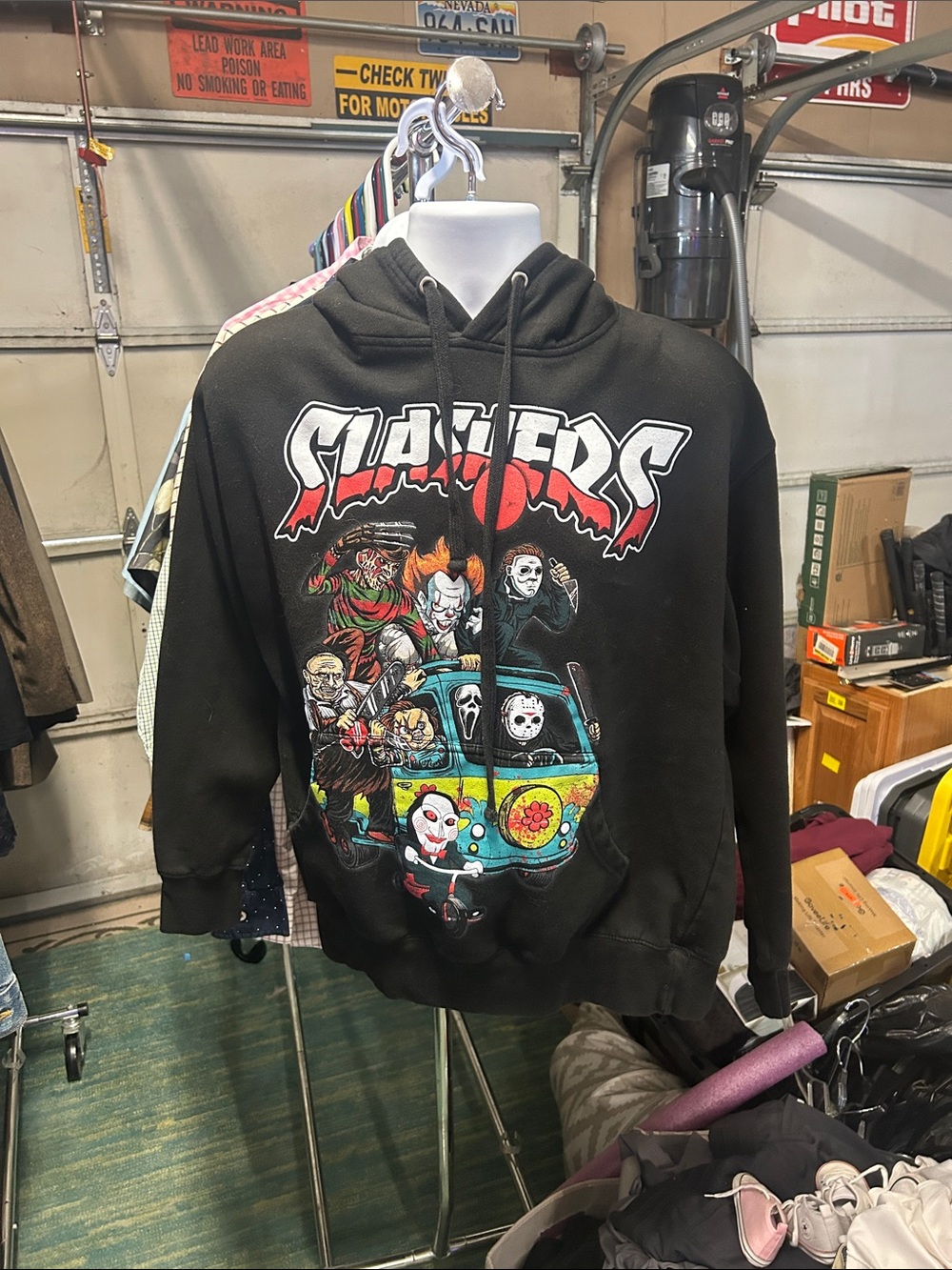 Black Horror Graphic Hoodie with Colorful Van Artwork